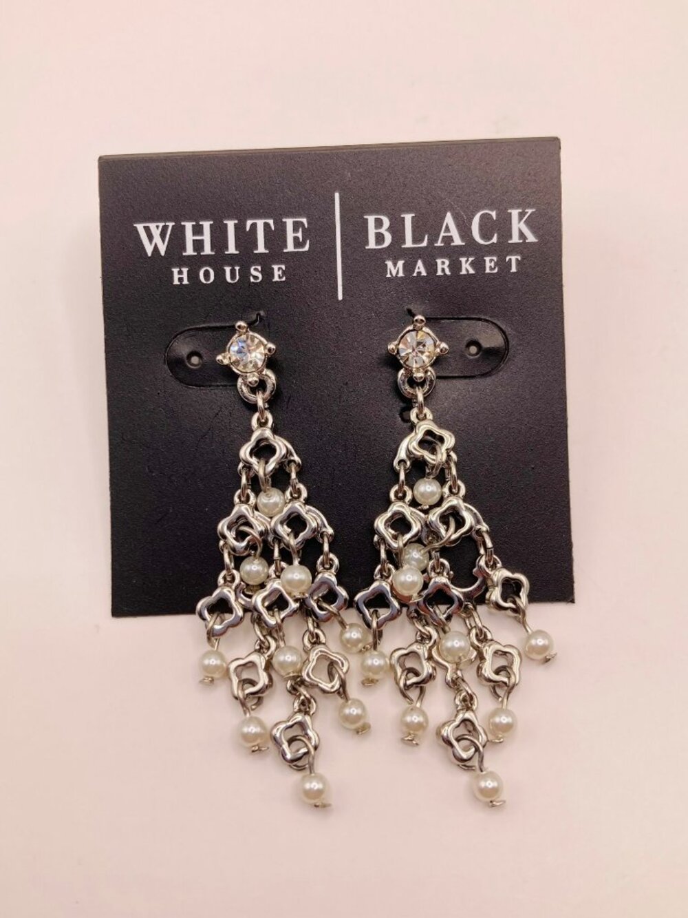 White House Black Market New Silver Tone Chandelier Earrings Faux Pearls -70B